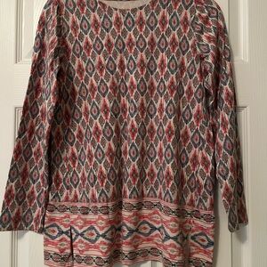 J. Jill Red and Blue Patterned Long Sleeve Tee
